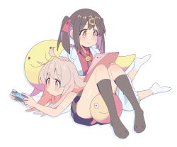2girls ahoge bare_arms bare_legs bare_shoulders black_hair black_skirt black_socks bolo_tie brown_eyes commentary controller dress game_controller hair_ornament hair_ribbon hairclip hand_on_another&#039;s_head highres holding holding_controller holding_game_controller karubi_(karubi465558) kneehighs lab_coat light_blush long_hair lying_on_lap multicolored_hair multiple_girls onii-chan_wa_oshimai! oyama_mahiro oyama_mihari pink_hair purple_hair red_ribbon red_shirt ribbon shirt siblings simple_background sisters sitting skirt sleeveless sleeveless_dress smile socks tablet_pc twintails two-tone_hair white_background white_dress white_socks