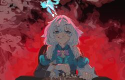 1girl bare_shoulders blue_bow blue_bowtie blue_eyes blue_shirt board_game bow bowtie cerydra_(honkai:_star_rail) chess chess_piece commentary crown detached_sleeves hair_intakes highres honkai:_star_rail honkai_(series) long_hair looking_at_viewer mini_crown purple_bow purple_bowtie shirt smile solo unfamousradish upper_body white_hair