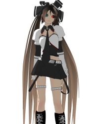 1girl 3d android aqua_eyes belt boots bow calne_ca_(deino) cowboy_shot crustacean deino_(deino3330) detached_collar detached_sleeves earrings eyeshadow female_focus frilled_sleeves frills glowing glowing_eye gothic_lolita hair_bow hair_ribbon hat heterochromia isopod jewelry knee_boots lace lolita_fashion long_hair makeup midriff mini_hat mini_top_hat miniskirt multicolored_hair nail_polish necktie puffy_sleeves ribbon simple_background skirt solo standing top_hat two-tone_hair very_long_hair vocaloid white_background