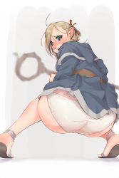 1girl ass back blonde_hair blurry blush border braid breasts cameltoe capelet clothes_lift depth_of_field dungeon_meshi ear_blush elf embarrassed eyelashes female_focus folded_ponytail from_behind green_eyes grey_background hair_between_eyes hair_ribbon highres hood hood_down knees_together_feet_apart long_hair long_sleeves looking_at_viewer looking_back marcille_donato marushiru messy_hair onsen_mikan open_mouth outside_border panties pointy_ears red_ribbon ribbon robe sandals shiny_skin shoe_soles side_braid sideways_glance solo squatting staff twin_braids underwear white_border white_panties