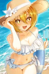 1girl :d absurdres beach bikini blonde_hair bob_cut breasts cleavage collarbone cowboy_shot diamond-shaped_pupils diamond_(shape) don_quixote_(project_moon) food frilled_bikini frills hair_between_eyes hat highres holding holding_food holding_popsicle holding_swim_ring innertube limbus_company looking_at_viewer medium_breasts navel open_mouth popsicle project_moon short_hair smile sohdvh_khos_ph solo straw_hat swim_ring swimsuit symbol-shaped_pupils water white_bikini