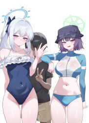 1boy 2girls 54etfs absurdres age_difference bikini black_hair blue_archive blue_bikini blue_eyes blue_halo blue_jacket blue_one-piece_swimsuit blush bow breasts bucket_hat casual_one-piece_swimsuit covered_navel frilled_one-piece_swimsuit frills green_eyes green_halo hair_bow halo hat highres jacket large_breasts light_smile long_hair looking_at_viewer medium_breasts miyako_(blue_archive) multiple_girls netorare off-shoulder_one-piece_swimsuit off_shoulder official_alternate_costume one-piece_swimsuit onee-shota open_mouth ponytail saki_(blue_archive) short_hair stomach swimsuit thighs v white_hair