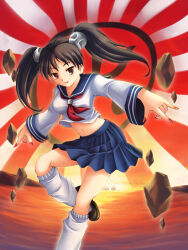 1girl :d \n/ black_hair blue_sailor_collar blue_skirt breasts brown_eyes brown_shoes choppy_bangs command_&amp;_conquer command_&amp;_conquer:_red_alert command_&amp;_conquer:_red_alert_3 commentary empire_of_the_rising_sun english_commentary floating floating_object hair_tie levitation light_smile looking_at_viewer loose_socks mary_janes maxwindy midriff navel neckerchief open_mouth red_neckerchief rising_sun_flag rock sailor_collar school_uniform serafuku shoes skirt small_breasts smile socks solo sunburst sunburst_background telekinesis twintails water white_serafuku white_socks yuriko_omega