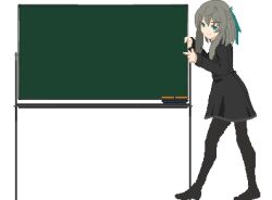 Rule 34 | 1girl, black pantyhose, black shirt, black skirt, blue bow, blue eyes, bow, chalkboard, closed mouth, from side, full body, grey hair, hair bow, hin&#039;yari (kakukuru), legs apart, long sleeves, looking at viewer, lowres, medium hair, military uniform, no shoes, pantyhose, sentinel girls, shirt, skirt, skirt set, smirk, solo, standing, transparent background, v-shaped eyebrows, zvyozdochka (sentinel girls)