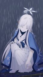 1girl absurdres artist_name bandaged_arm bandages blue_archive blue_neckerchief crying crying_with_eyes_open finding_hibiki grey_eyes hair_ornament halo highres long_hair long_skirt nagusa_(blue_archive) neckerchief rain school_uniform serafuku shirt short_sleeves signature skirt snowflake_hair_ornament solo streaming_tears tears very_long_hair white_hair white_serafuku white_shirt white_skirt
