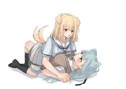 2girls absurdres animal_ears bang_dream! bang_dream!_it&#039;s_mygo!!!!! black_socks blue_hair blue_shirt blush brown_sweater_vest cat_ears cat_girl closed_mouth collared_shirt commentary dog_ears dog_girl dog_tail green_necktie hashtag-only_commentary highres holding_hands interlocked_fingers kaeru_(kaeee41917105) kemonomimi_mode kneehighs long_hair misumi_uika multiple_girls necktie open_mouth pleated_skirt purple_eyes sailor_collar shadow shirt short_sleeves simple_background skirt socks straddling sweater_vest tail tail_wagging togawa_sakiko white_background white_sailor_collar white_shirt white_skirt yellow_eyes yuri