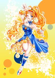 1girl annatsu blue_eyes blue_nails choker dress female_focus france french_flag hairband highres long_hair looking_at_viewer nail_polish one_eye_closed orange_hair orange_nails orangina original personification ponytail ribbon_choker scrunchie see-through_clothes shorts shorts_under_skirt showgirl_skirt smile socks solo very_long_hair waving