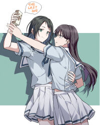 2girls absurdres bang_dream! bang_dream!_it&#039;s_mygo!!!!! black_hair blue_eyes blue_sailor_collar blue_shirt carton closed_mouth commentary english_text hanasakigawa_school_uniform highres joker_(jjjokerrr233) long_hair medium_hair midriff_peek mole mole_under_eye multiple_girls pleated_skirt purple_eyes sailor_collar school_uniform serafuku shiina_taki shirt skirt white_skirt yahata_umiri yuri