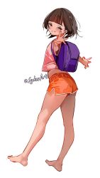 1girl animification artist_name ass backpack bag barefoot brown_hair commentary dolphin_shorts dora_marquez dora_the_explorer english_commentary feet from_side full_body highres kneepits looking_at_viewer orange_shorts pink_shirt purple_bag shirt short_hair shorts smile solo sydus toes twitter_username white_background