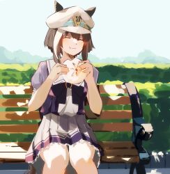Rule 34 | 1girl, absurdres, animal ears, black bow, bow, brown hair, cheval grand (umamusume), closed mouth, food, food in mouth, hat, highres, holding, holding food, horse ears, horse girl, horse tail, multicolored hair, on bench, purple shirt, sailor collar, school uniform, shirt, short hair, sitting, skirt, smile, solo, steamed bun, tail, tracen school uniform, two-tone hair, umamusume, white hair, white hat, white sailor collar, white skirt, yoojp