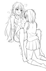 blush breast_sucking breasts clothed_female_nude_female couple elbow_gloves gloves grabbing_another&#039;s_breast greyscale groping hand_on_another&#039;s_head hickey highres kneeling large_breasts long_hair monochrome nude school_uniform sketch sweat tears thighhighs toaru_kagaku_no_railgun toaru_majutsu_no_index tokiwadai_school_uniform yakult1124 yuri