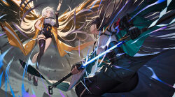 2girls animal_ear_fluff animal_ears aqua_jacket arm_behind_back arm_out_of_sleeve asymmetrical_gloves black_gloves black_hair black_pantyhose black_shorts black_skirt black_thighhighs breasts closed_mouth commentary drawing_sword elbow_gloves faceoff fingerless_gloves fox_ears fox_girl gauntlets gloves hair_ornament high-waist_shorts highres holding holding_ofuda holding_sword holding_weapon hoshimi_miyabi jacket katana kuji-in large_breasts long_hair looking_at_another multiple_girls nian_(zhanian) pantyhose shirt shorts single_elbow_glove single_fingerless_glove single_gauntlet single_thighhigh skirt sword thighhighs thighs uneven_gloves very_long_hair weapon white_hair white_shirt wide_sleeves yellow_jacket yixuan_(zenless_zone_zero) zenless_zone_zero