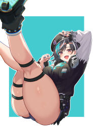 1girl arm_on_own_head ass belt beret black_hair black_hat black_shirt blue_shorts breasts fang green_hair hat headphones headphones_around_neck hololive hololive_dev_is jewelry large_breasts legs_up multicolored_hair multiple_rings open_mouth red_eyes ribbed_shirt rindo_chihaya ring shin_strap shirt shoes short_hair short_shorts shorts skindentation smile solo thick_thighs thigh_strap thighs unkai_amane virtual_youtuber white_hair