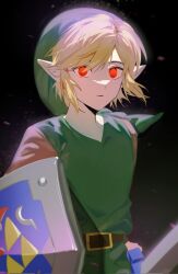 1boy belt black_background blonde_hair brown_background brown_belt collarbone gradient_background green_hat green_shirt hair_between_eyes hat highres hylian_shield link male_focus nintendo nintendomylife pointy_ears red_eyes shield shirt short_hair sword the_legend_of_zelda the_legend_of_zelda:_echoes_of_wisdom weapon