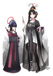 2girls absurdres black_gloves black_hair black_pantyhose black_shoes blue_archive blunt_bangs book breasts calligraphy_brush chinese_clothes eyeliner facial_mark forehead_mark gloves gun hair_ornament hair_over_eyes halo hanfu hiememiko high_heels highres holding holding_calligraphy_brush holding_paintbrush justice_task_force_member_(blue_archive) large_breasts long_hair makeup multiple_girls paintbrush pantyhose ponytail red_eyeliner red_eyes ringed_eyes rio_(blue_archive) shoes smile weapon