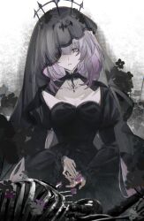 1girl absurdres alternate_costume black_dress black_theme black_tiara black_veil breasts castorice_(honkai:_star_rail) collarbone dress flower hair_flower hair_ornament highres honkai:_star_rail honkai_(series) long_dress long_hair long_sleeves looking_down missing_commentary parted_lips purple_eyes purple_flower purple_hair rongyishoushan2 skeleton small_breasts solo tiara veil very_long_hair