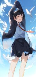 1girl absurdres animal arms_up bird black_hair blazer blue_jacket blue_shirt blue_skirt blue_sky cloud haru_udon hashtag-only_commentary highres jacket looking_at_viewer necktie original own_hands_together parted_lips pleated_skirt red_necktie school_uniform shirt short_hair skirt sky solo standing