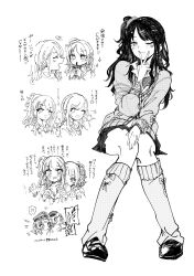 !? 6+girls ;) ;d absurdres cardigan commentary_request cup disposable_cup drinking earrings facepaint greyscale gyaru hachimiya_meguru hat highres holding holding_cup idolmaster idolmaster_shiny_colors invisible_chair izumi_mei jewelry kazano_hiori kogal light_smile long_hair looking_at_viewer loose_socks miniskirt mole mole_on_neck monochrome multiple_girls official_alternate_costume one_eye_closed one_side_up open_collar open_mouth osaki_amana police_hat sakuragi_mano school_uniform sitting skirt smile socks spoken_interrobang star_(symbol) star_earrings tanaka_mamimi translation_request w whistle yukamisote