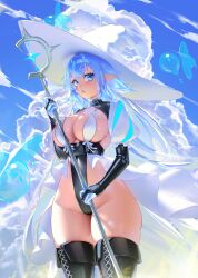 1girl absurdres black_boots blue_eyes blue_hair blue_tongue boots breasts bridal_gauntlets cameltoe cloud colored_extremities colored_tongue commentary cowboy_shot cumulonimbus_cloud day english_commentary floating_hair fold-over_boots hat highleg highleg_leotard highres holding holding_staff large_breasts leotard long_hair long_pointy_ears looking_at_viewer mage_staff open_mouth original outdoors paulluxh pointy_ears puffy_short_sleeves puffy_sleeves short_sleeves shrug_(clothing) slime_(creature) solo staff standing thigh_boots very_long_hair white_hat witch_hat
