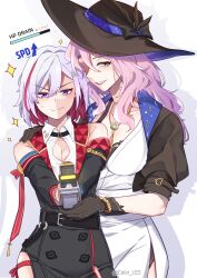 Rule 34 | 2girls, arrow (symbol), belt, belt buckle, black belt, black gloves, black hat, blue eyes, blue ribbon, buckle, cleavage cutout, clothing cutout, color-les, commentary, drop shadow, english commentary, english text, gloves, grey eyes, grin, hair between eyes, hand on another&#039;s shoulder, hat, hat ribbon, highres, holding, holding weapon, honkai: star rail, honkai (series), jade (honkai: star rail), lips, multicolored hair, multiple girls, one eye in shadow, pale skin, pink hair, purple lips, red streaks, ribbon, small sweatdrop, smile, sparkle, split mouth, topaz (honkai: star rail), two-tone hair, v-shaped eyebrows, weapon, weapon request, white hair