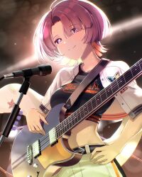 Rule 34 | 1girl, arimura mao, belt, black shirt, blush, breasts, closed mouth, crop top, electric guitar, gakuen idolmaster, guitar, hair over one eye, highres, holding, holding guitar, holding instrument, idolmaster, instrument, jacket, large breasts, long sleeves, looking at viewer, microphone, microphone stand, midriff, open clothes, open jacket, pants, pink hair, purple eyes, retsuna, shirt, short hair, smile, solo, white jacket