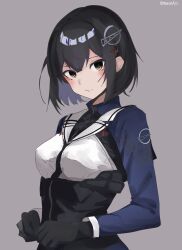1girl black_hair bodysuit gloves grey_background haguro_(kancolle) highres kantai_collection light_smile looking_at_viewer miron_(mirona33)