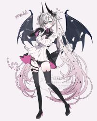 1girl absurdres alternate_costume apron black_panties boots breasts candy demon_wings enmaided fate/grand_order fate_(series) food full_body green_eyes high_heel_boots high_heels highres holding holding_candy holding_food holding_lollipop horns lilith_(fate) lollipop looking_at_viewer maid maid_apron maid_day maid_headdress panties pointy_ears sisila_neco solo thigh_boots tongue tongue_out twintails underwear white_background white_hair wings