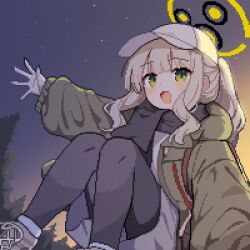 1girl :d baseball_cap black_pantyhose black_scarf blue_archive dawn green_eyes green_halo green_jacket grey_hair grey_shoes grey_shorts grey_sweater halo hand_up hare_(blue_archive) hare_(camp)_(blue_archive) hat jacket knees_up long_hair looking_at_viewer miniskirt official_alternate_costume open_clothes open_jacket open_mouth outdoors outstretched_arm pantyhose pixel_art ponytail scarf shoes shorts sidelocks skirt sky smile sneakers solo star_(sky) starry_sky sweater tinia_etru white_hat
