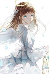 Rule 34 | 1girl, angel, angel wings, aqua eyes, back bow, birdcage, blue butterfly, bow, breasts, brown hair, bug, butterfly, cage, closed mouth, dot mouth, dress, dress bow, expressionless, frilled dress, frills, from side, hair ornament, halo, heart, heart hair ornament, highres, holding, holding cage, ilis 0226, insect, long hair, looking at viewer, medium breasts, original, ribbon, shadow, sidelighting, sidelocks, solo, swept bangs, traditional halo, upper body, white bow, white dress, white ribbon, white wings, wings, yellow halo