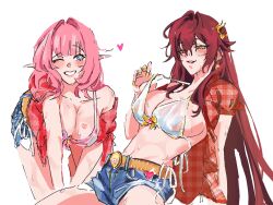 Rule 34 | 2girls, belt, blue eyes, blue shorts, blush, bra, breasts, brown hair, cleavage, commentary, cosplay, denim, denim shorts, eden (honkai impact), elysia (honkai impact), english commentary, gingham, gingham shirt, hair intakes, hair ornament, heart, highres, honkai (series), honkai impact 3rd, kwon eun-bi, kwon eun-bi (cosplay), large breasts, lipstick mark, lipstick mark on breast, long hair, multiple girls, one eye closed, open clothes, open shirt, pink pupils, pointy ears, red shirt, shirt, short sleeves, shorts, smile, strap pull, symbol-only commentary, underwear, very long hair, white bra, yaro yk, yellow eyes, yellow nails, yuri