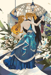 1boy 1girl backless_dress backless_outfit black_suit blonde_hair blue_dress blue_eyes dancing dome dress dx7537 earrings formal_clothes gown interlocked_fingers jewelry lantern link long_hair nintendo ponytail princess_zelda silent_princess suit the_legend_of_zelda the_legend_of_zelda:_breath_of_the_wild