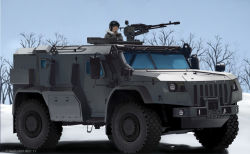 1girl armored_personnel_carrier armored_vehicle black_hair blue_sky dead-robot gun heavy_machine_gun kamaz_typhoon-vdv looking_at_viewer machine_gun military military_truck military_vehicle motor_vehicle original outdoors scenery short_hair sky snow tree truck vehicle_focus weapon winter