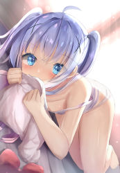 1girl ahoge bad_id bad_pixiv_id bare_arms bare_legs bare_shoulders barefoot blue_eyes blue_hair blurry blurry_background blush bow camisole commentary_request covered_mouth depth_of_field gochuumon_wa_usagi_desu_ka? hair_between_eyes hair_ornament highres indoors kafuu_chino long_hair looking_at_viewer lying natuna_natu on_side panties pink_vest red_bow shirt solo strap_slip sunlight two_side_up underwear underwear_only vest white_camisole white_panties white_shirt x_hair_ornament