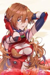 1girl blue_eyes bodysuit breasts hair_down highres long_hair mecha_pilot_suit multicolored_bodysuit neon_genesis_evangelion orange_hair plugsuit_(evangelion) red_bodysuit solo souryuu_asuka_langley torn torn_bodysuit torn_clothes wet yagisawa_teru