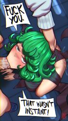 1boy 1girl :&gt;= annoyed ass blush curly_hair fellatio green_eyes green_hair hand_on_another&#039;s_head highres joylewds looking_at_another one-punch_man oral penis saliva short_hair tatsumaki tongue veins veiny_penis