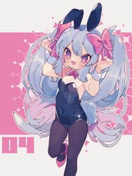 1girl @_@ animal_ears black_leotard black_pantyhose blue_hair blush bow bowtie commentary dated_commentary detached_collar double-parted_bangs eyes_visible_through_hair fang hair_bow highres leotard loli long_hair open_mouth original ozureiji pantyhose pink_bow pink_bowtie pink_eyes pink_nails playboy_bunny rabbit_ears red_shoes shoes single_wrist_cuff skin_fang smile solo sweat symbol-only_commentary tsurime twintails very_long_hair w_arms wrist_cuffs