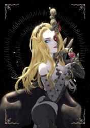 1girl black_background black_wings blonde_hair blue_eyes breasts colored_skin commentary_request demon_(megami_tensei) eyeshadow heart highres inset_border large_breasts long_hair looking_at_viewer makeup naamah_(megami_tensei) outside_border purple_eyeshadow red_lips shin_megami_tensei shin_megami_tensei_v shin_megami_tensei_v:_vengeance smile solo wavy_hair white_skin wings yoru_emk