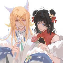 1boy 1girl animal_ears bare_shoulders black_hair blonde_hair blue_eyes blue_shawl bow buddha&#039;s_temptation_(the_tale_of_food) china_dress chinese_clothes chinese_commentary cihe185404 closed_mouth double-parted_bangs double_bun dress feather_boa female_master_(the_tale_of_food) flower folded_fan folding_fan fox_boy fox_ears grey_eyes hair_between_eyes hair_bow hair_bun hair_ornament half_updo hand_fan hand_on_another&#039;s_shoulder hanfu heterochromia holding holding_fan holding_flower long_bangs long_hair long_sleeves looking_at_viewer loosely_tucked_bangs medium_hair official_alternate_costume parted_lips red_bow red_dress red_eyes red_flower red_rose robe rose shawl simple_background sleeveless sleeveless_dress smile tassel the_tale_of_food upper_body white_background white_robe wide_sleeves wing_hair_ornament wispy_bangs