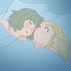 2girls 55bata6rou bed blanket blonde_hair blue_eyes blush closed_eyes constricted_pupils dungeon_meshi falin_touden falin_touden_(tallman) fang grey_hair highres long_hair looking_up lying marcille_donato multiple_girls nervous on_back on_side pillow pointy_ears short_hair sleeping under_covers wide-eyed yuri