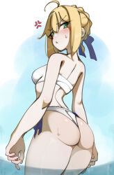 1girl absurdres ahoge anger_vein artoria_pendragon_(fate) artoria_pendragon_(swimsuit_archer)_(fate) artoria_pendragon_(swimsuit_archer)_(first_ascension)_(fate) ass back bare_shoulders bikini blonde_hair blue_ribbon blush braid breasts deko_morii fate/grand_order fate_(series) green_eyes hair_bun hair_ribbon highres long_hair looking_at_viewer looking_back medium_breasts ribbon sidelocks solo swimsuit thighs wading water white_bikini