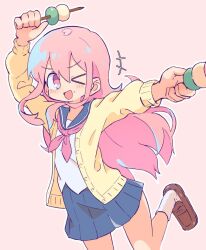 Rule 34 | 1girl, ;d, blue skirt, blush, cardigan, dango, food, holding, holding food, ice cream, loafers, long hair, one eye closed, open mouth, original, outline, pink background, pink eyes, pink hair, pleated skirt, popsicle, sagami sagari, sailor collar, school uniform, serafuku, shoes, simple background, skirt, smile, socks, solo, striped background, wagashi, white outline