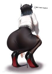 1girl absurdres ass ass_focus black_hair black_horns black_pantyhose black_skirt blue_hair commission dated english_text highres hololive hololive_english horns long_sleeves miniskirt multicolored_hair nerissa_ravencroft nerissa_ravencroft_(casual) office_lady official_alternate_costume official_alternate_hairstyle pantyhose pen shirt short_hair simple_background skirt snipsman solo squatting virtual_youtuber white_background white_shirt