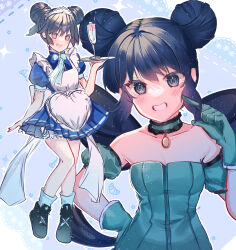 1girl absurdres aizawa_mint apron aqua_gloves bird_girl bird_tail bird_wings blue_eyes blue_hair blush breasts clenched_teeth collarbone dress finger_to_cheek frilled_apron frills full_body gloves hair_bun hand_on_own_hip highres holding holding_tray looking_at_viewer maid maid_apron maid_headdress medium_breasts mew_mint official_alternate_costume open_mouth parted_lips puffy_short_sleeves puffy_sleeves short_hair short_sleeves smile strapless strapless_dress tactoki tail teeth tokyo_mew_mew tray white_apron wings