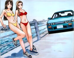 2girls absurdres arm_support bikini bra breasts brown_eyes brown_hair car casual cityscape cleavage converse crossed_legs day dutch_angle female_focus fence hair_over_shoulder highres initial_d jewelry large_breasts leaning_back leg_lift legs lips long_hair looking_at_viewer medium_breasts motor_vehicle multiple_girls no_socks outdoors parted_bangs public_indecency railing red_bikini right-hand_drive ring satou_mako sayuki sayuki_(initial_d) shadow shigeno_shuuichi shoes side_slit sil-eighty sky sneakers standing standing_on_one_leg star_(symbol) star_print swept_bangs swimsuit third-party_edit underwear water wavy_hair yellow_bikini