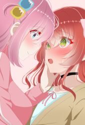 2girls @_@ absurdres aqua_shirt black_choker blue_eyes blush bocchi_the_rock! bow breasts brown_background brown_cardigan cardigan choker choppy_bangs closed_mouth collarbone couple cube_hair_ornament eye_contact eyes_visible_through_hair fang gotoh_hitori hair_bow hair_ornament hair_over_eyes hair_over_shoulder hand_on_another&#039;s_cheek hand_on_another&#039;s_face highres hrtahm jacket kita_ikuyo large_breasts long_bangs long_hair long_sidelocks long_sleeves looking_at_another multiple_girls nose_blush open_mouth pink_bow pink_hair pink_jacket pink_ribbon raised_inner_eyebrows red_hair ribbon shirt shirt_ribbon sidelocks simple_background smile sweatdrop track_jacket upper_body wavy_mouth yuri