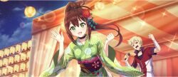 Rule 34 | 1boy, 1girl, :d, \||/, bandaged arm, bandages, belt, black belt, black choker, black shirt, blonde hair, brown hair, choker, clenched hand, cloud, cloudy sky, collarbone, dust (konosuba), flower, game cg, green eyes, green kimono, hair belt, hair between eyes, hair flower, hair ornament, hands up, high ponytail, highres, holding, holding microphone, jacket, japanese clothes, kanzashi, kimono, kono subarashii sekai ni shukufuku wo!, konosuba! fantastic days, lean (konosuba), long hair, looking at viewer, microphone, mole, mole under eye, multicolored jacket, music, night, obi, obiage, obidome, obijime, official alternate costume, official art, open mouth, outdoors, ponytail, raccoon tail, red eyes, red flower, red jacket, sash, shirt, short hair, sidelocks, singing, sky, sleeves rolled up, smile, sparkle, star (sky), starry sky, summer festival, tail, tsumami kanzashi, two-tone jacket, waving, white jacket, wide sleeves, yukata