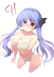 Rule 34 | !?, 1girl, absurdres, arm at side, arm under breasts, armpit crease, bare shoulders, black bow, blue hair, blush, bow, bow bra, bra, braid, breasts, cameltoe, cleavage, closed mouth, collarbone, commentary, cowboy shot, cropped legs, crown braid, curvy, embarrassed, eyebrows hidden by hair, eyelashes, floating hair, foreshortening, hair between eyes, hair bow, hidamarinet, highres, lace, lace-trimmed bra, lace trim, large breasts, long hair, looking at viewer, nose blush, panties, red eyes, ringed eyes, sidelocks, simple background, solo, sorakado ao, split mouth, summer pockets, surprised, swimsuit, underwear, underwear only, very long hair, white background, white bra, white panties