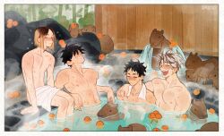 Rule 34 | 4boys, akaashi keiji, arm around shoulder, bathing, black hair, blonde hair, blush, bokuto koutarou, bombyoon, capybara, closed eyes, closed mouth, commentary, covering privates, elbow rest, haikyuu!!, hair down, hand rest, highres, kozume kenma, kuroo tetsurou, male focus, multicolored hair, multiple boys, naked towel, nipples, nude, nude cover, onsen, partially submerged, pectorals, roots (hair), same-sex bathing, shared bathing, short hair, sitting, smile, steam, toned, toned male, towel, towel around neck, towel on legs, two-tone hair, upper body, water, wet, white hair