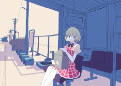 Rule 34 | 1girl, absurdres, basin, bench, black bow, black bowtie, bow, bowtie, box, building, bush, cable, colored skin, commentary request, dress, expressionless, faucet, feet out of frame, green hair, highres, holding, holding box, kazami yuuka, knees, looking to the side, on bench, plaid clothes, plaid dress, power gorillas, power lines, puffy short sleeves, puffy sleeves, railroad tracks, red dress, red eyes, screen, shadow, short sleeves, sign, solo, tassel, touhou, train station, train station platform, utility pole, white background, white skin, white sleeves