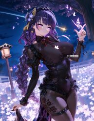 1girl absurdres alternate_costume artist_name bicio blush braid breasts bug butterfly cherry_blossoms covered_navel cowboy_shot earrings fingernails genshin_impact glowing glowing_eyes hair_between_eyes hair_ornament highres insect jewelry large_breasts lightning long_hair night outdoors parted_lips patreon_username purple_butterfly purple_eyes purple_hair raiden_shogun sidelocks smile solo thighs tree